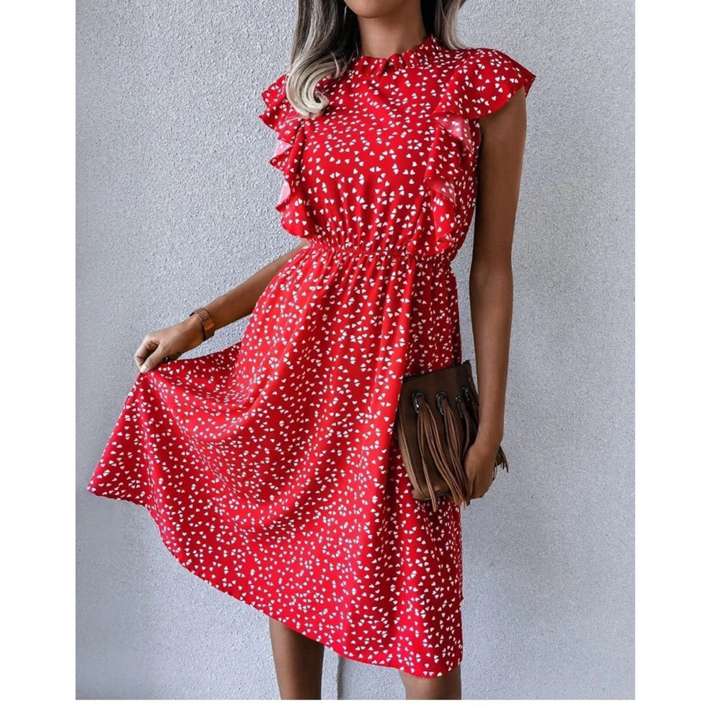 Ruffle Trim Heart Print Brunch-Ready Romantic Polished Playful XL Midi Dress
